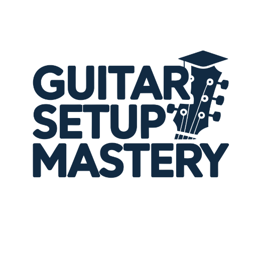 Logo for Guitar Setup Mastery featuring a guitar and academic cap design.