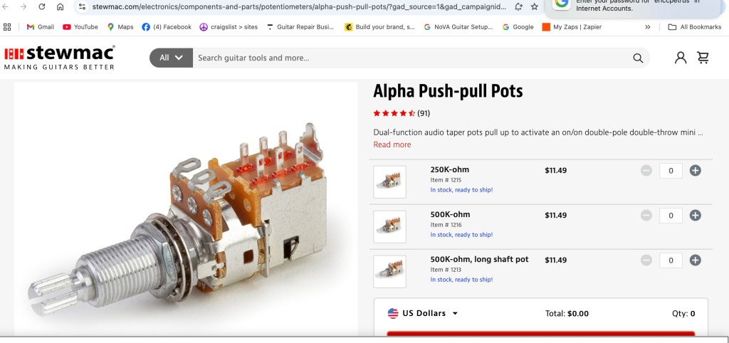 Image of Alpha push-pull potentiometers available for guitar modifications.