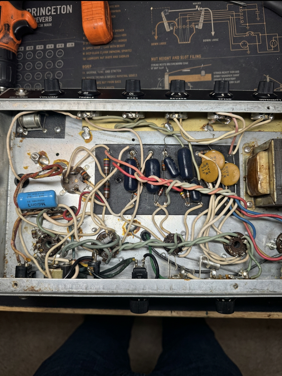 Vintage Princeton Reverb Amplifier Under Repair Open Princeton Reverb amplifier chassis with exposed wiring and components